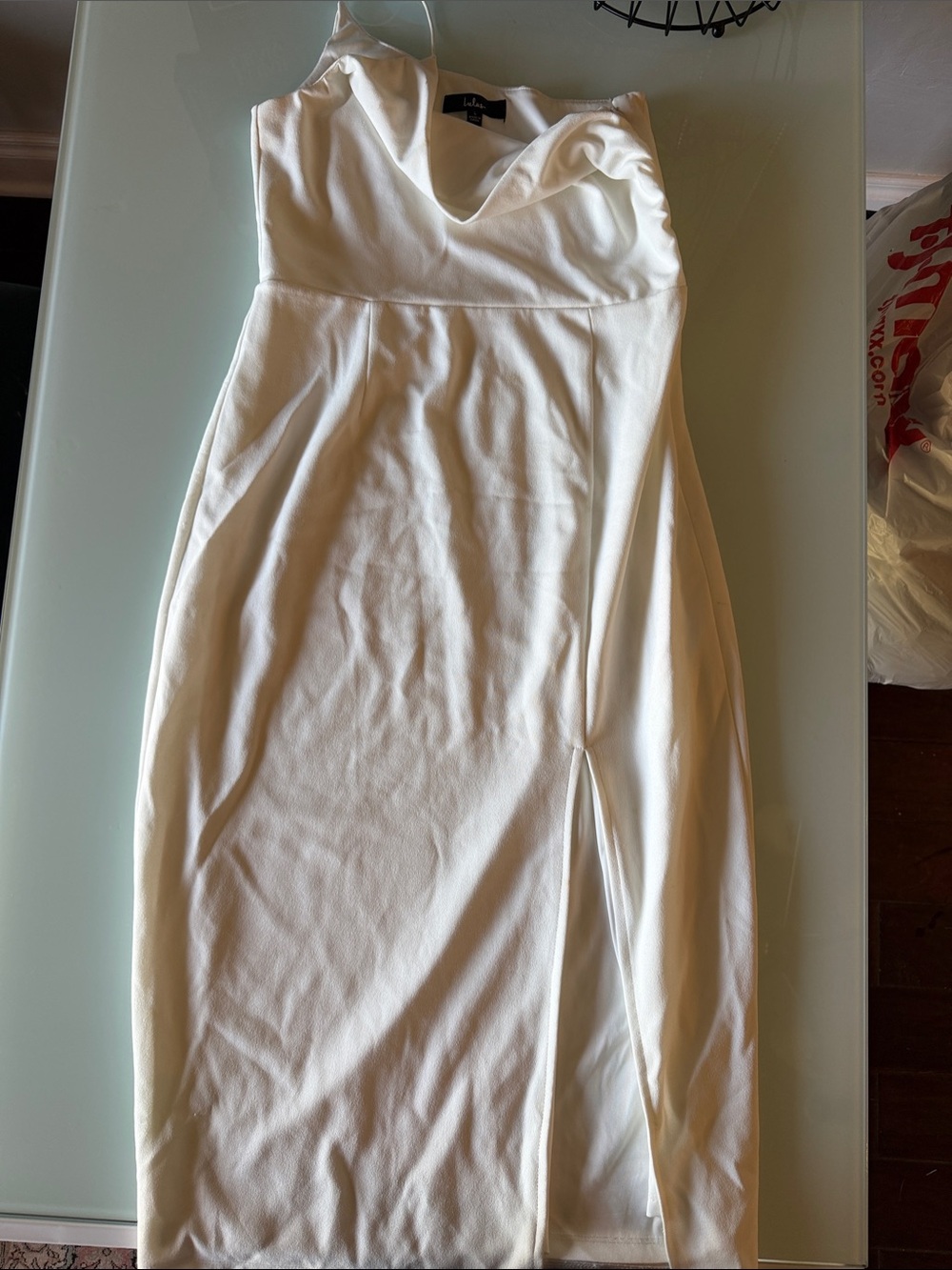 Lulu's Cream Cowl Neck Midi Dress with Front Slit